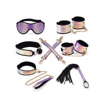 Набор Liebe Seele Pink Glossy 7pcs Bondage Kit, фиксаторы, ошейник с поводком, кляп, флоггер, маска SO9507 фото
